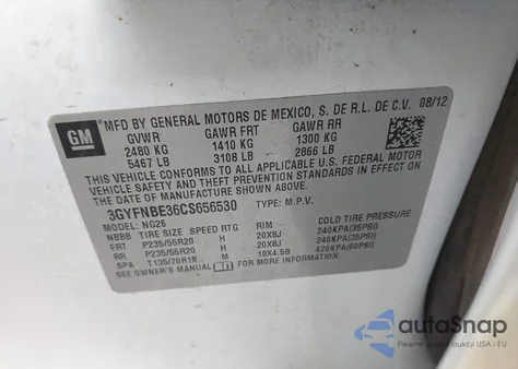 2012 Cadillac Srx Performance Collection из США, поврежденный, VIN 3GYFNBE36CS656530